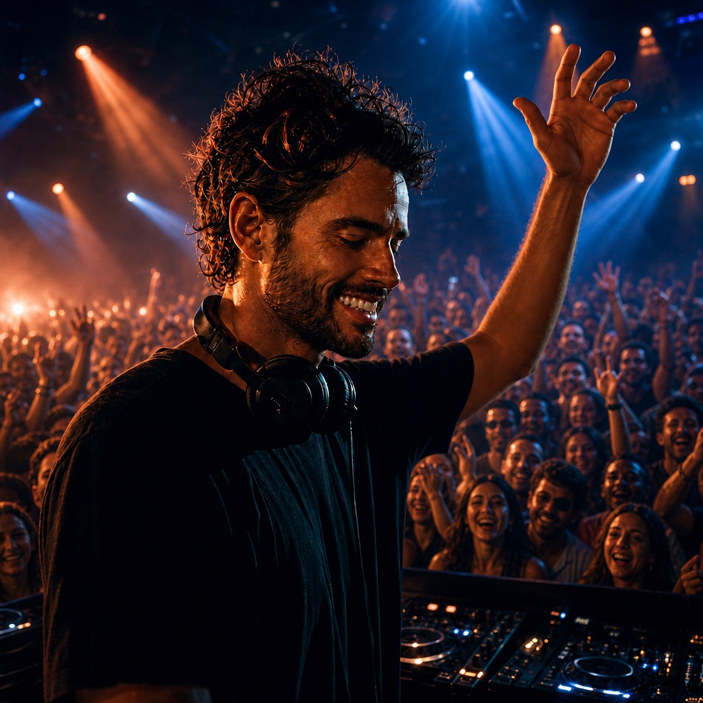 RUVEO artist artwork: a joyful DJ with one arm raised above a crowd in blue and coral light